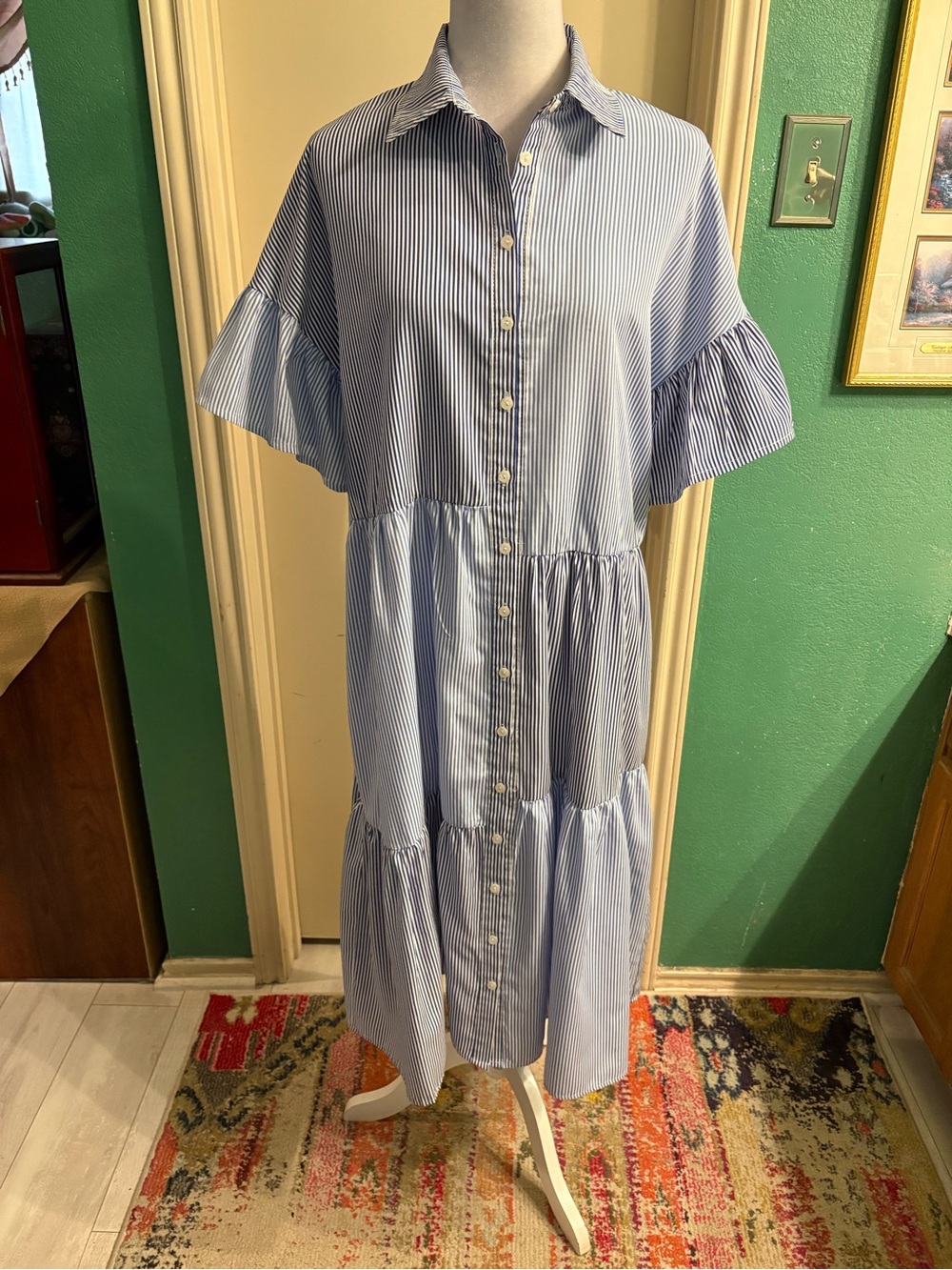 Affection Striped Blue Midi Tiered Dress with Ruffle Sleeves